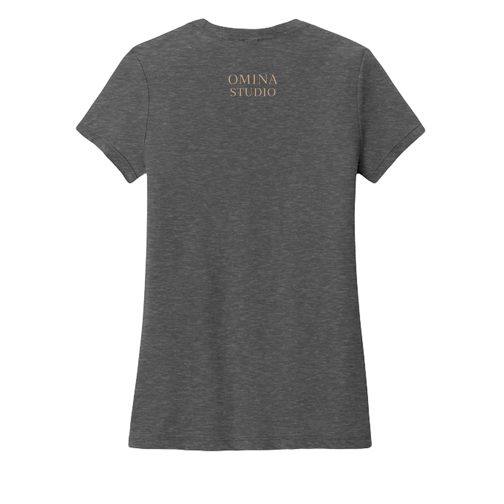 OMINA Studio dark grey heathered cotton t-shirt with crew neck and short sleeves, featuring subtle gold logo on back.