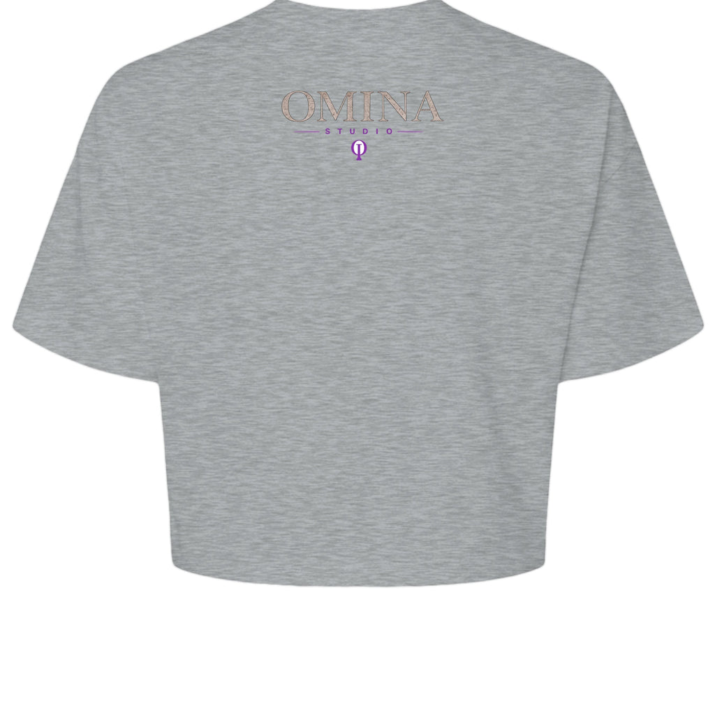 Omina Studio grey cropped heavyweight tee with minimalist front logo and "MOVE WITH INTENTION." typography on back.