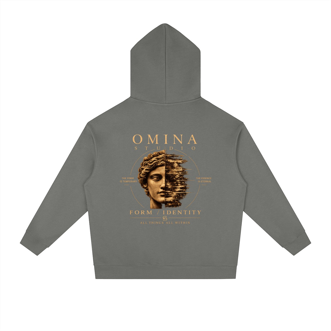 Omina Studio grey heavyweight fleece hoodie with a drop-shoulder silhouette and graphic print of a classical bust.