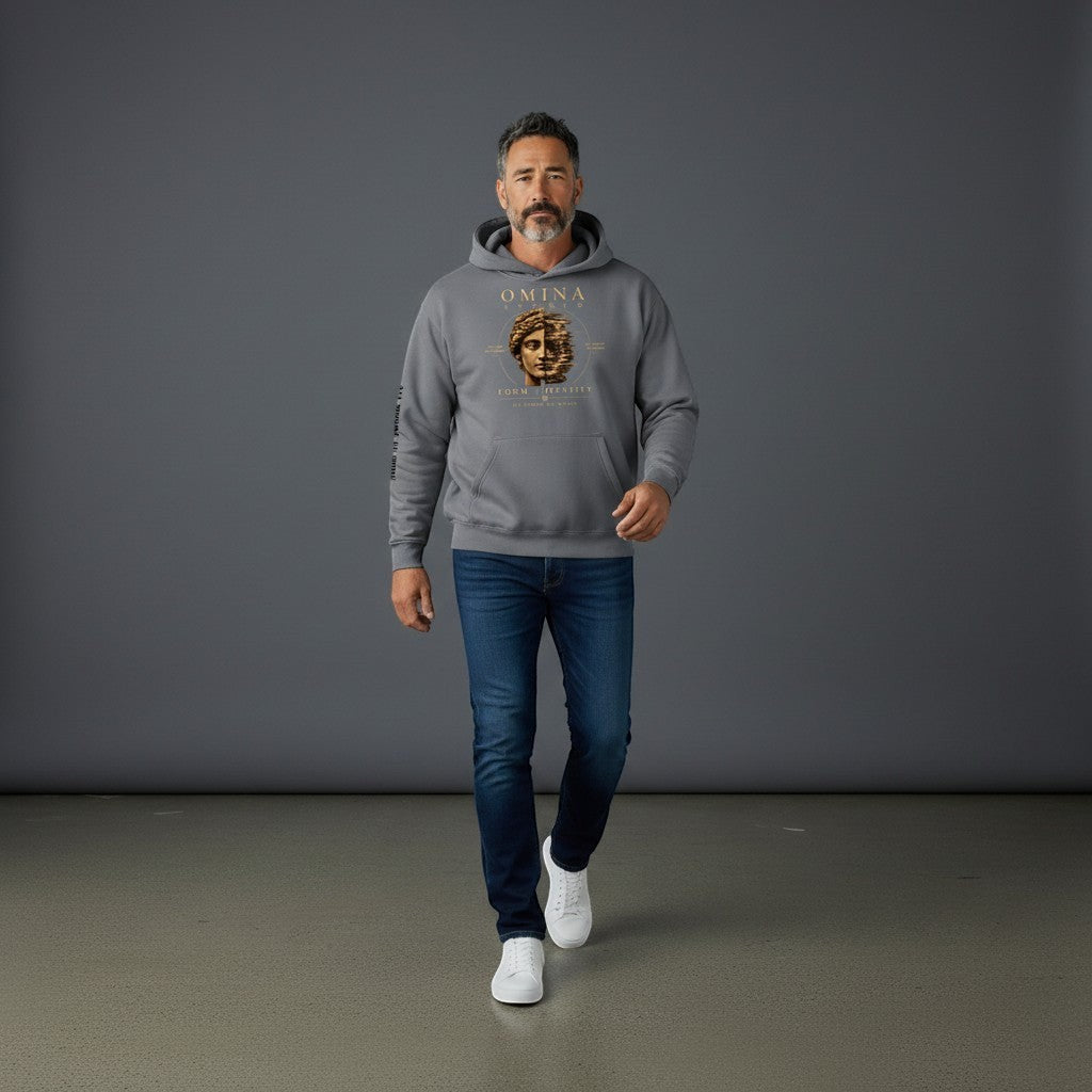 Omina Studio grey heavyweight cotton blend oversized fleeced hoodie with a graphic print of a split face and text.