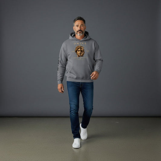 Omina Studio grey heavyweight cotton blend oversized fleeced hoodie with a graphic print of a split face and text.