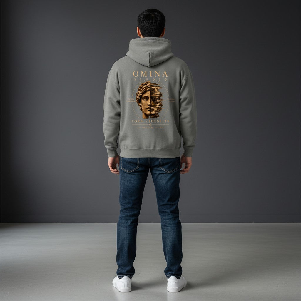 Omina Studio grey heavyweight fleece hoodie with drop shoulders and graphic print of a statue's face.