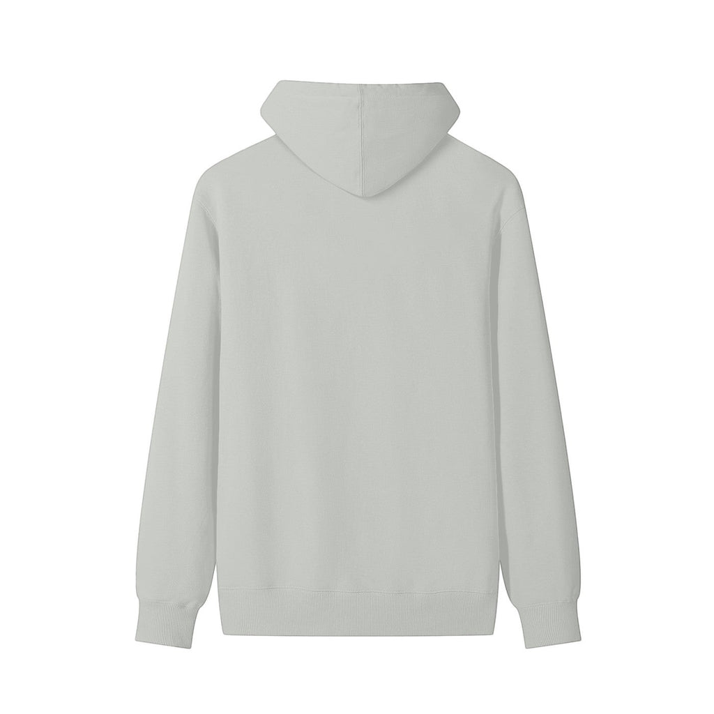 Omina Studio light grey heavyweight long sleeve hoodie with a double-layer hood and ribbed cuffs and hem.