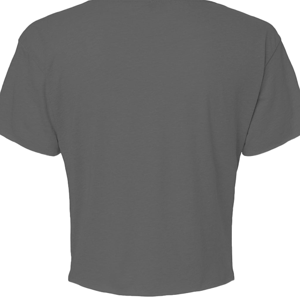Omina Studio women's relaxed fit grey cropped t-shirt with raw edge hem and sleeves, featuring a Medusa bust graphic.