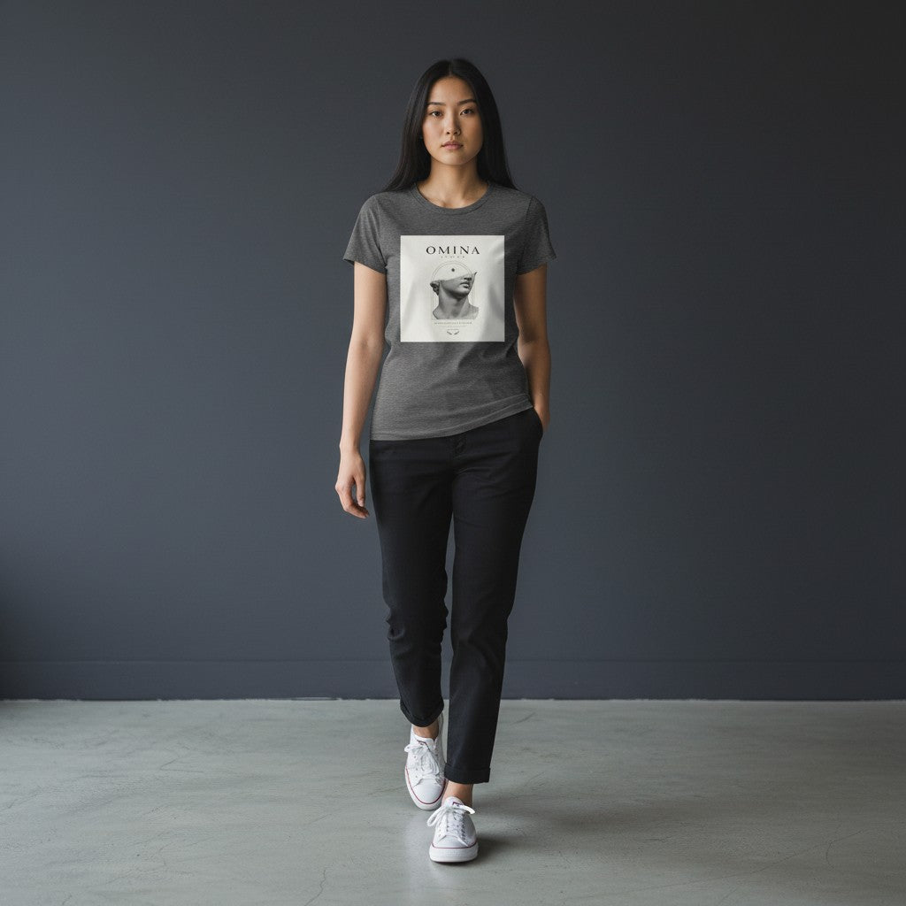 OMINA Studio dark grey cotton t-shirt with a graphic print of a classical half-bust statue.