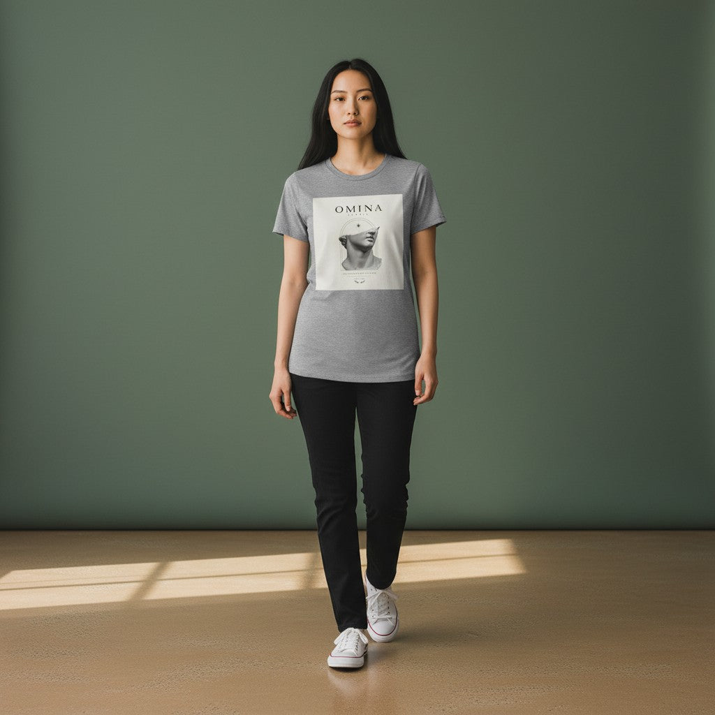 OMINA Studio grey cotton t-shirt with a half-bust statue graphic and crew neckline. Comfortable unisex fit.