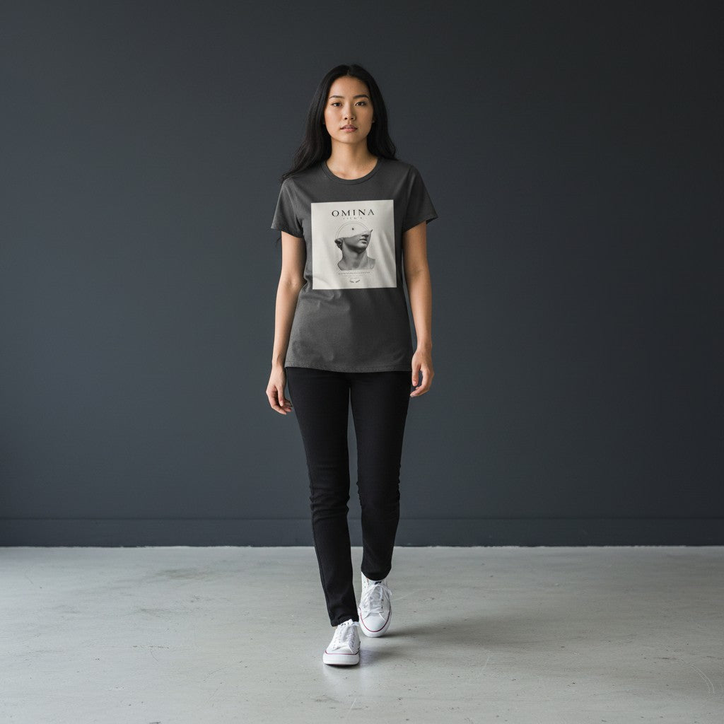 OMINA Studio dark grey cotton t-shirt with a graphic print of a classical half-bust statue on the front.