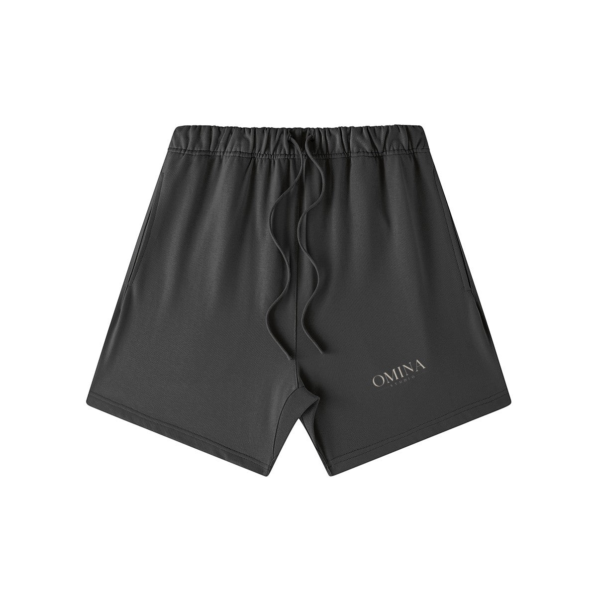 Omina Studio charcoal grey heavyweight French terry shorts with elastic waist, drawstring, and side pockets. Oversized fit.
