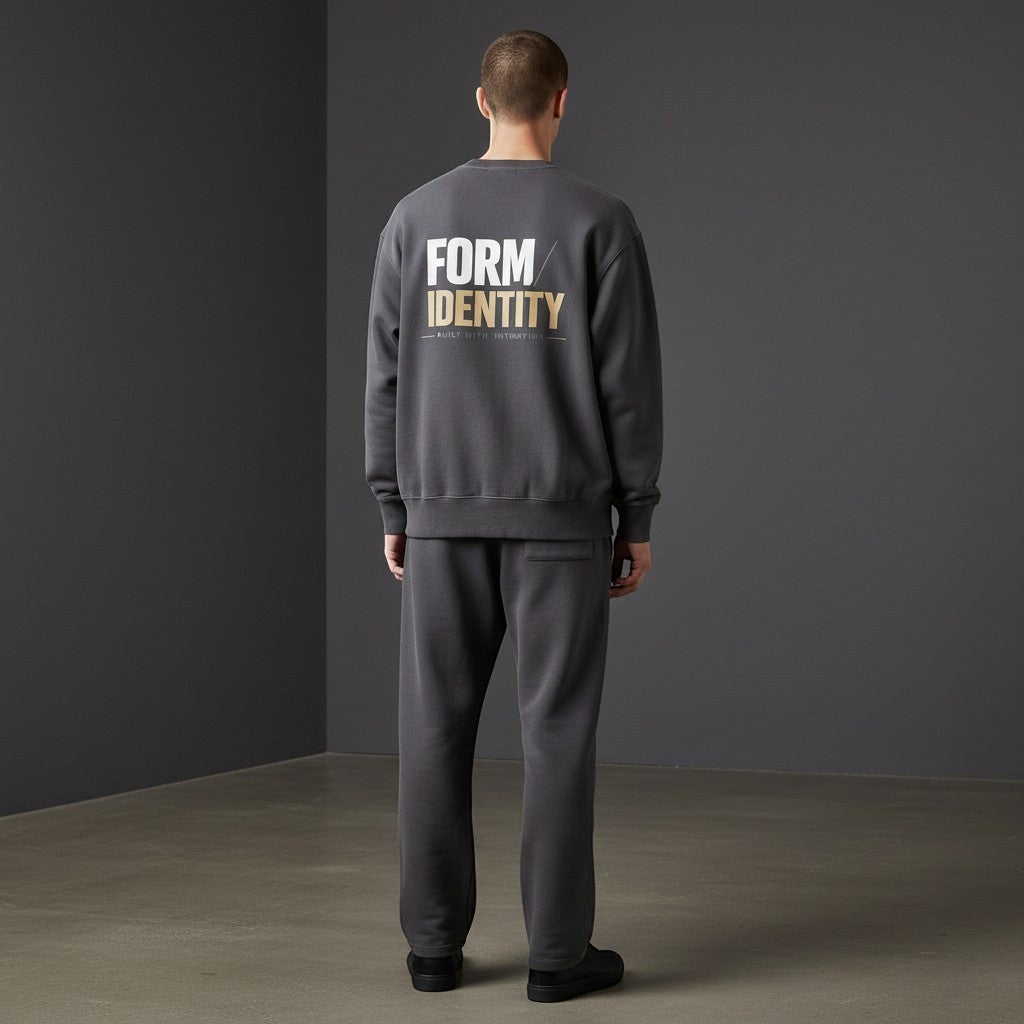 OMINA Studio heavyweight cotton sweatshirt in charcoal grey with oversized fit and graphic print on back.