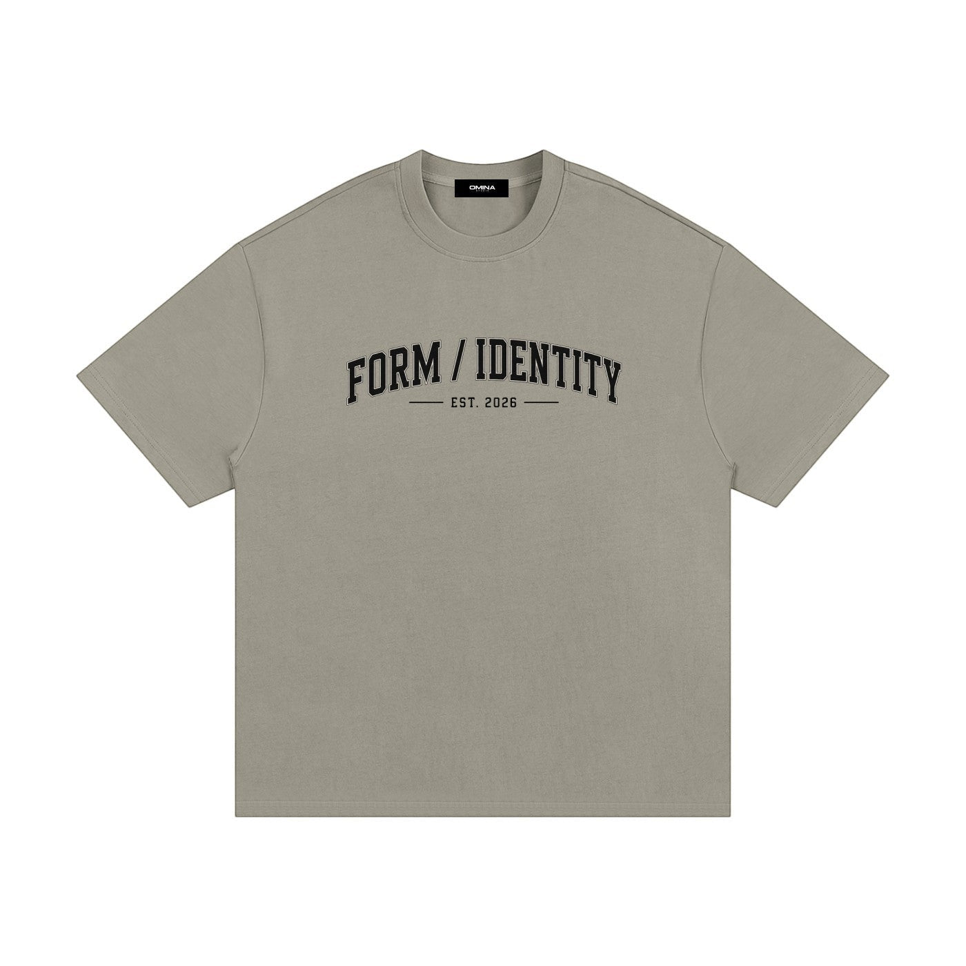 OMINA Studio heavyweight cotton t-shirt in taupe with "FORM / IDENTITY EST. 2026" graphic on front.