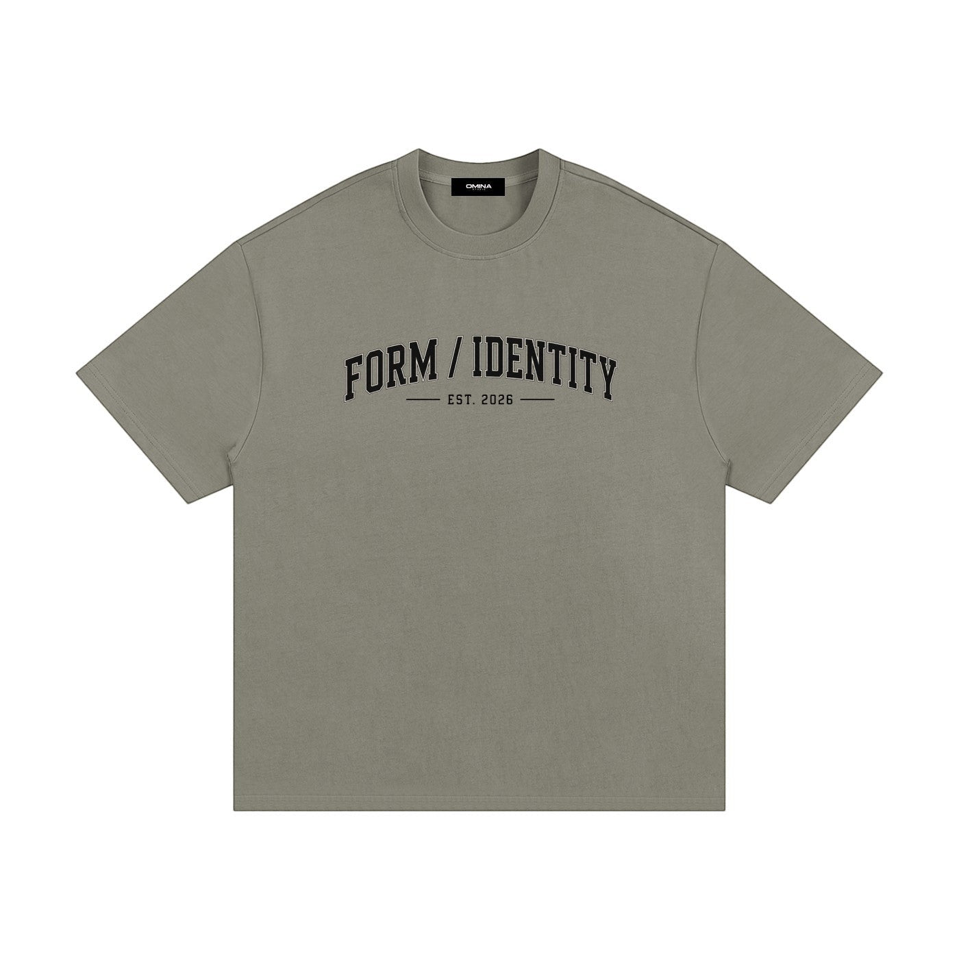 OMINA Studio heavyweight cotton t-shirt in olive green with "FORM / IDENTITY EST. 2026" graphic on chest.
