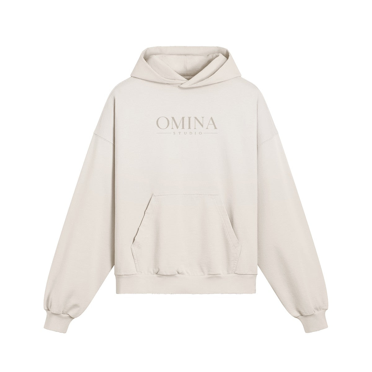 Omina Studio heavyweight cream cotton hoodie with kangaroo pocket and minimalist front logo. Boxy fit.