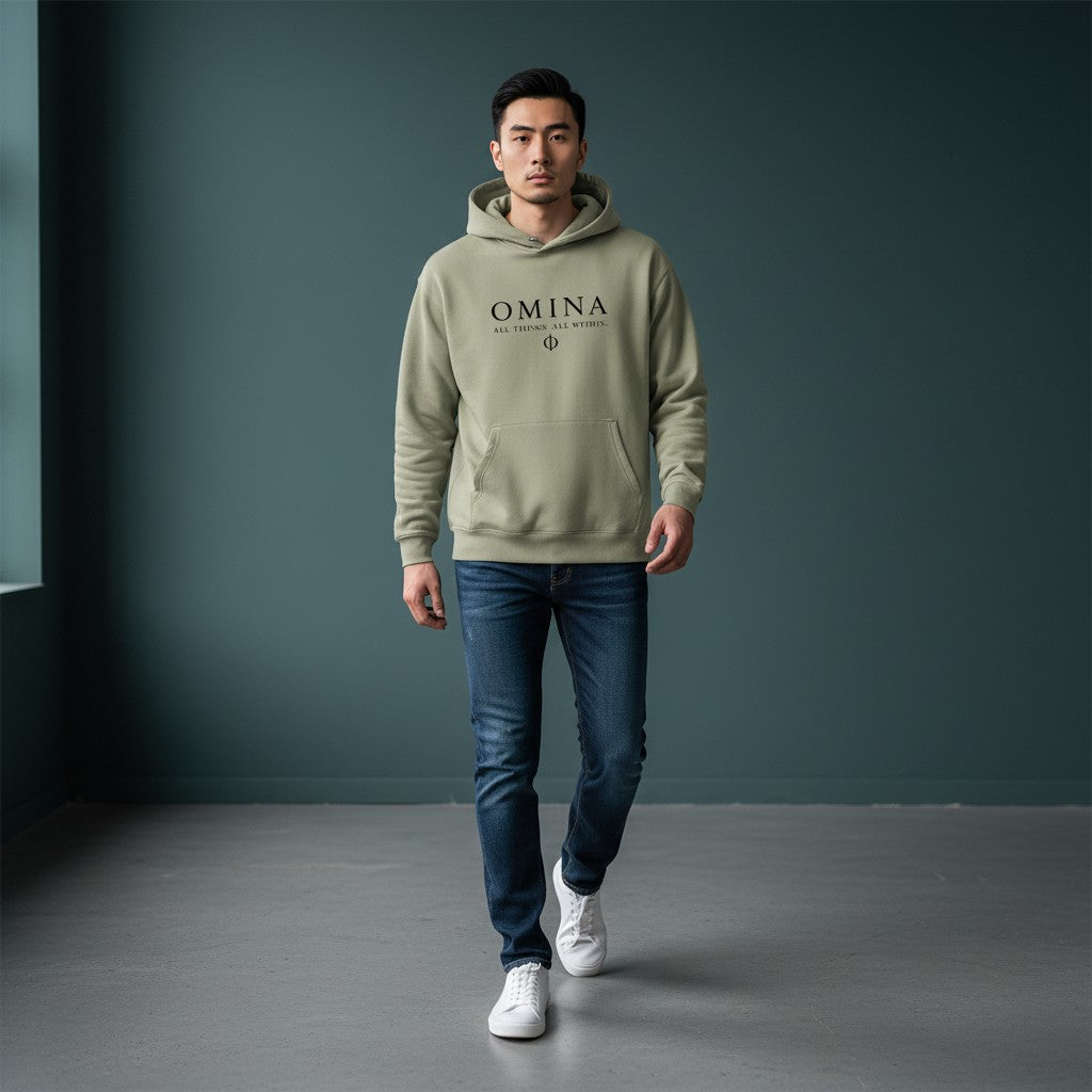 Omina Studio khaki heavyweight fleece drop-shoulder hoodie with black text logo and symbol on chest.