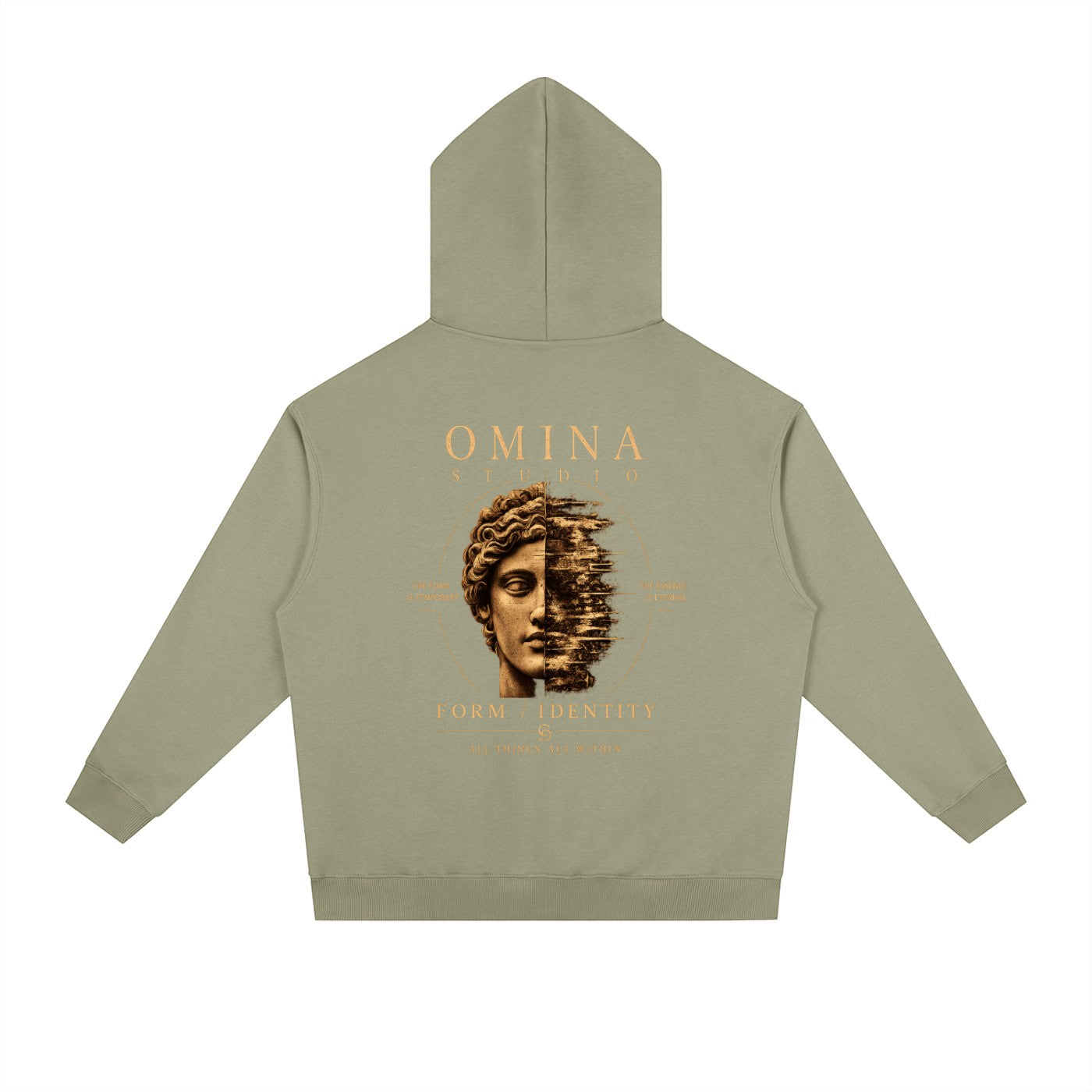 Omina Studio heavyweight olive green hoodie with a graphic print of a classical bust dissolving into digital pixels.