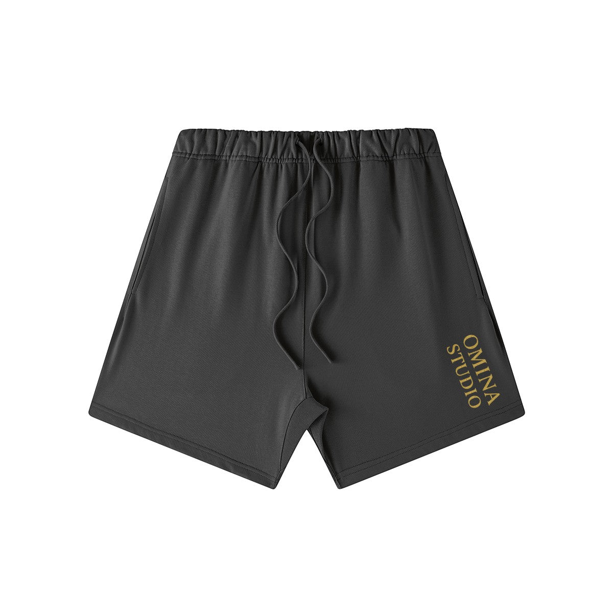 Omina Studio heavyweight charcoal French terry cotton shorts with elastic waistband and drawstring. Oversized fit.