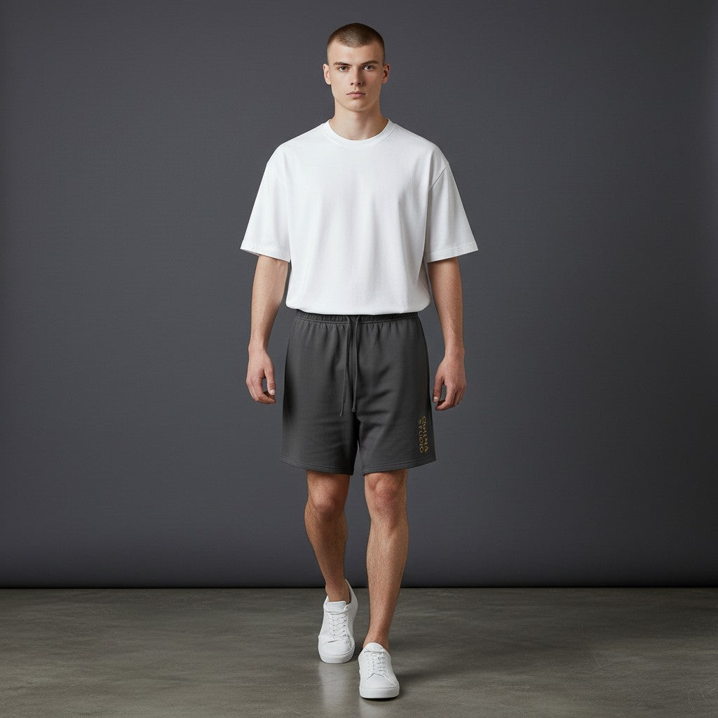 Omina Studio heavyweight charcoal French terry cotton shorts with drawstring and gold logo detail.