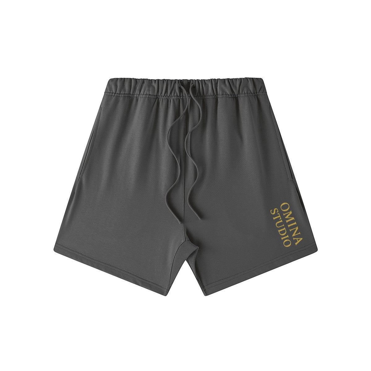 Omina Studio charcoal grey heavyweight French terry cotton shorts with drawstring and gold logo.