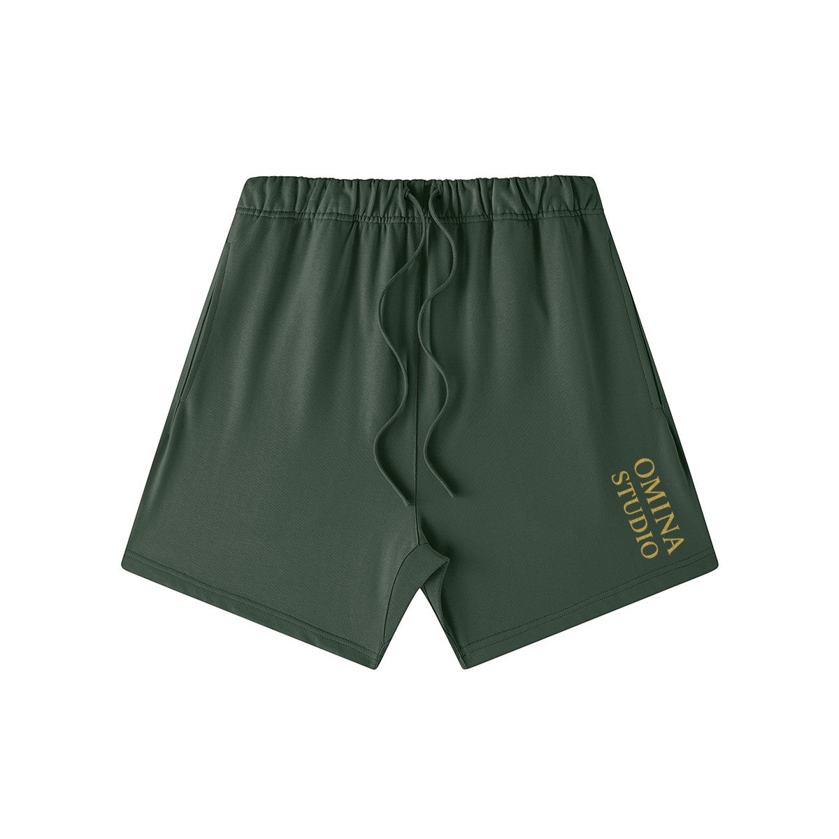 Omina Studio heavyweight dark green cotton French terry shorts with drawstring and gold logo.
