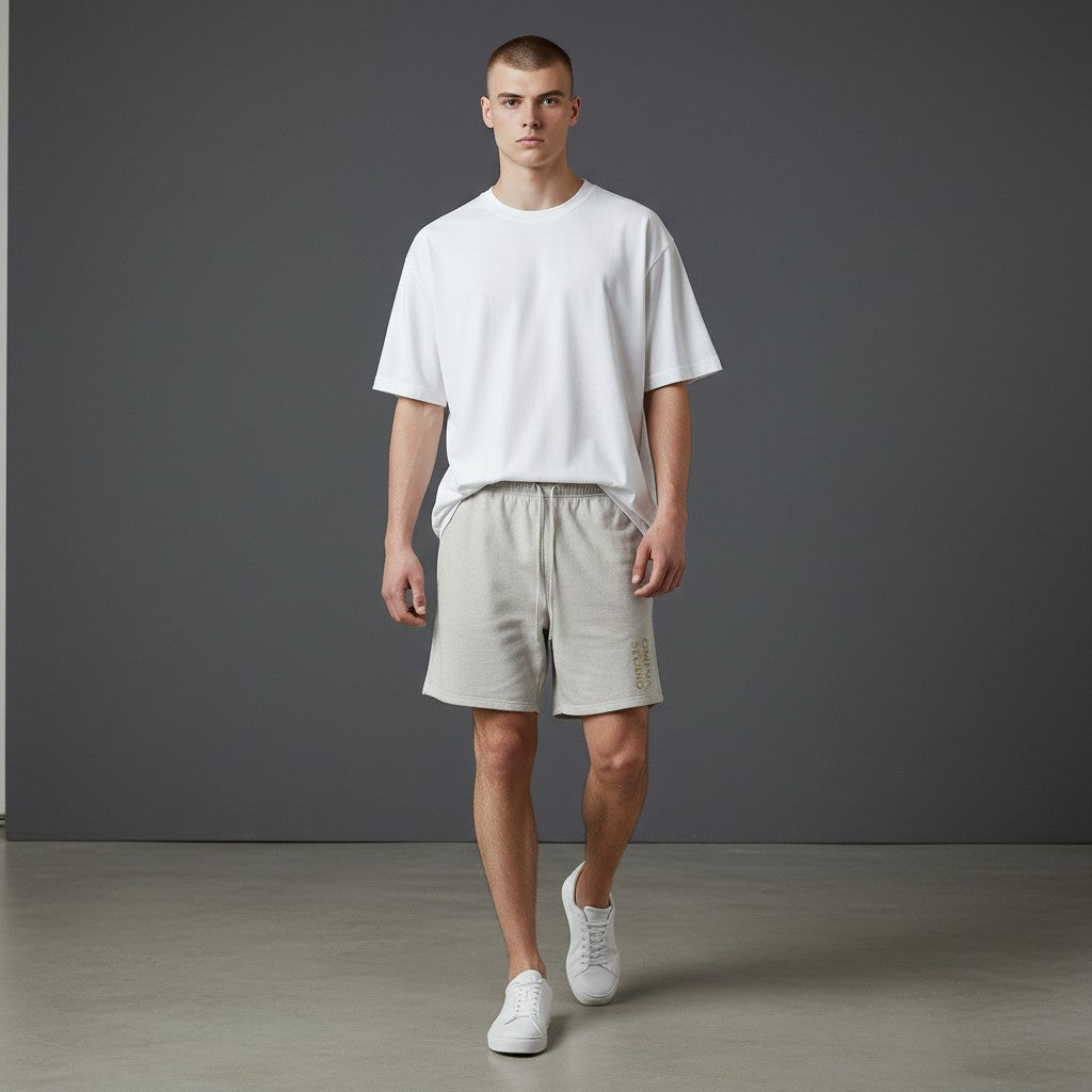 Omina Studio light grey heavyweight cotton French terry shorts with drawstring and gold logo.