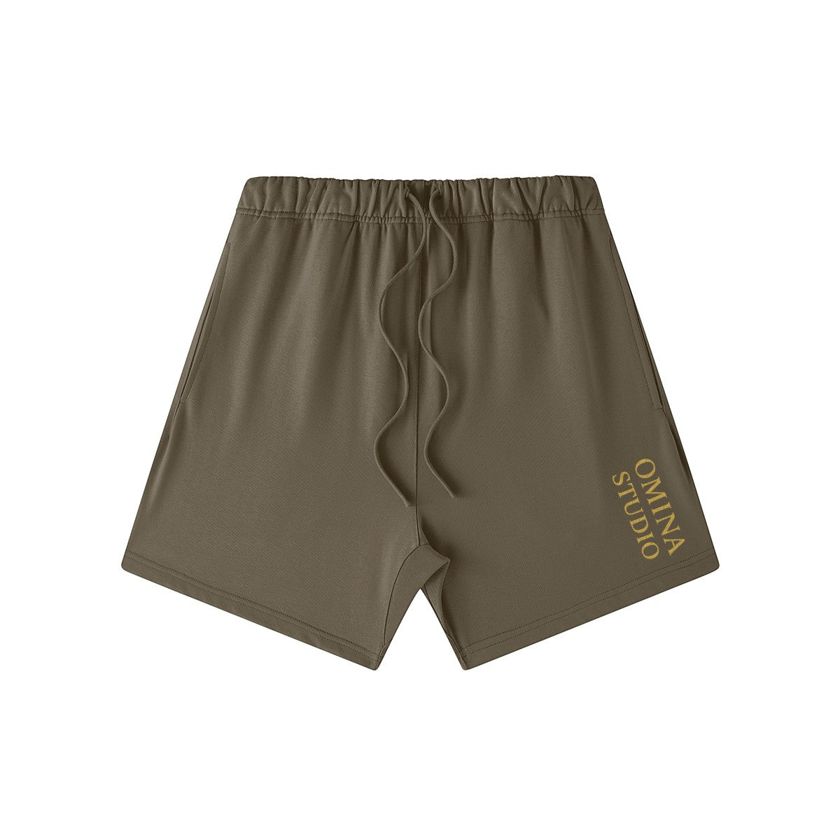 Omina Studio heavyweight olive green cotton French terry shorts with drawstring and side pockets.