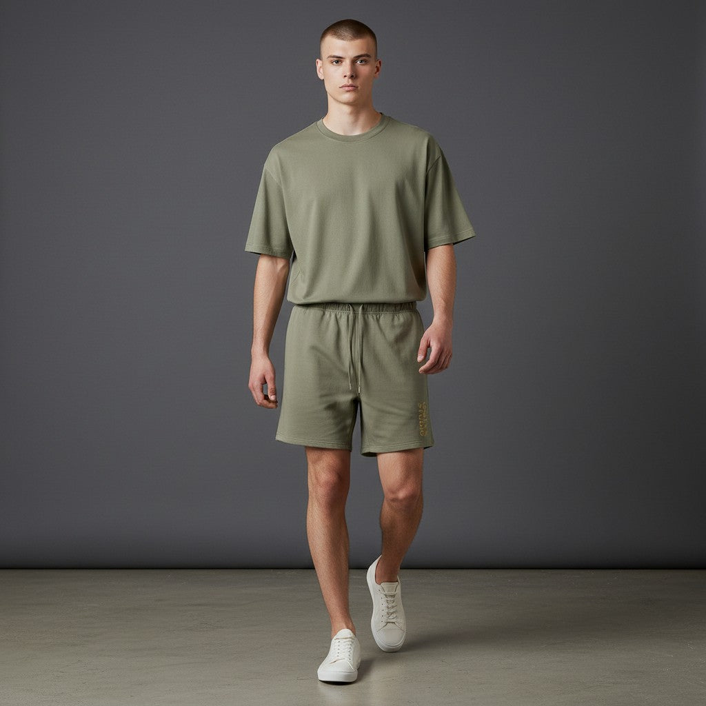 Omina Studio olive green heavyweight cotton French terry shorts with drawstring and side pockets.