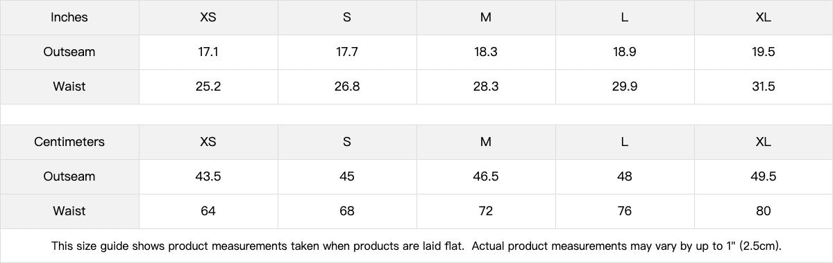 Omina Studio size guide for heavyweight shorts, showing waist and outseam measurements in inches and centimeters.
