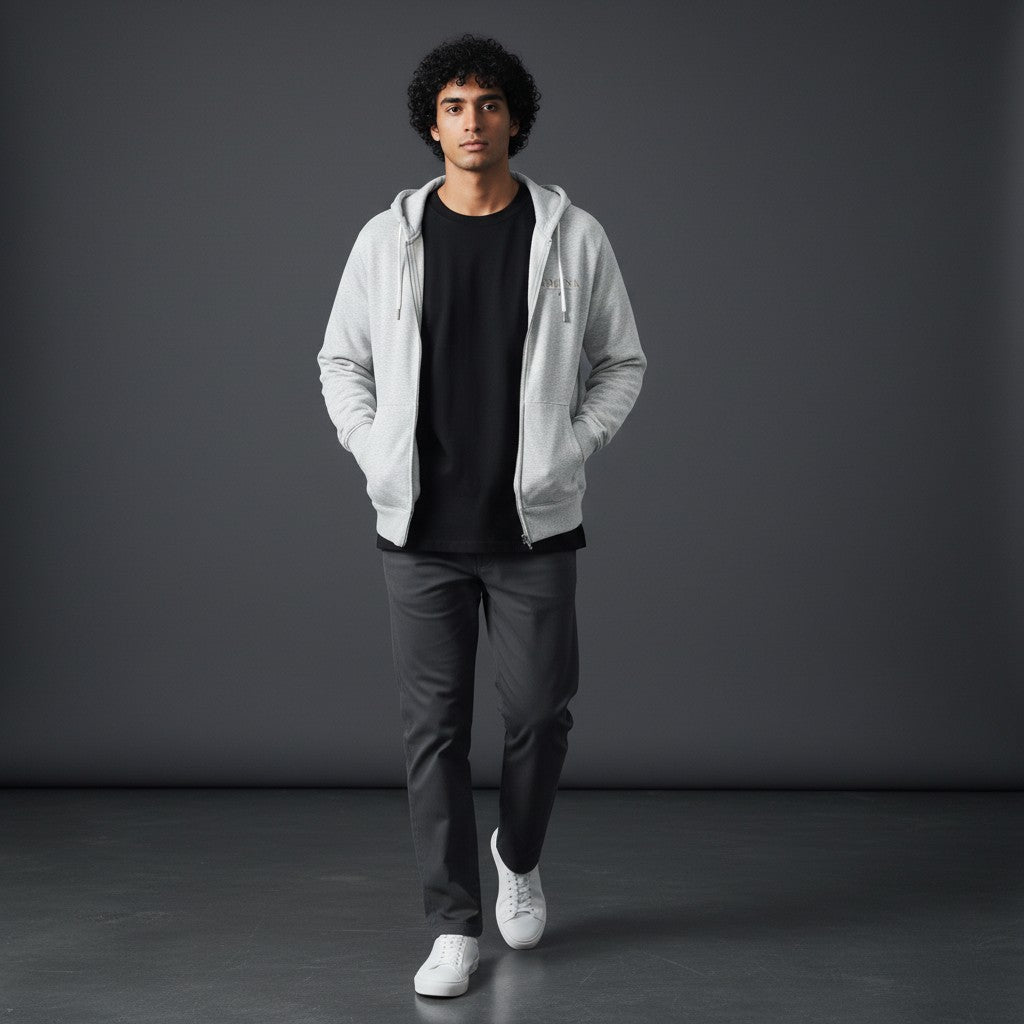 Omina Studio light grey loopback terry zip-up hoodie with relaxed fit and subtle front logo.