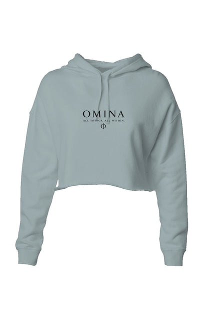 Omina Studio light blue lightweight cropped hoodie with adjustable drawstring hood and raw hem. Features Omina logo.