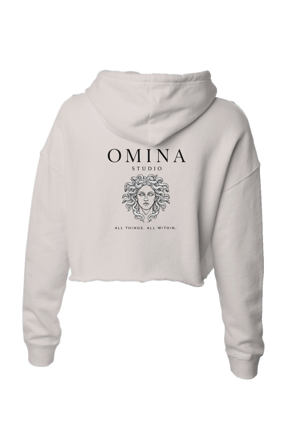 Omina Studio off-white lightweight cropped hoodie with adjustable drawstring hood and raw hem. Features Omina Studio logo and graphic.