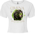 Omina Studio white cropped t-shirt with a Medusa bust graphic and green accents. Relaxed fit, raw hem.