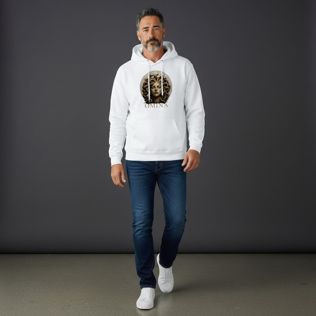 Omina Studio white heavyweight hoodie with Medusa bust graphic and logo. Relaxed fit, long sleeves.