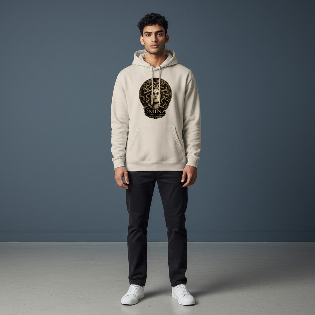 Omina Studio beige cotton-polyester blend hoodie with Medusa graphic and "All Things, All Within" text.