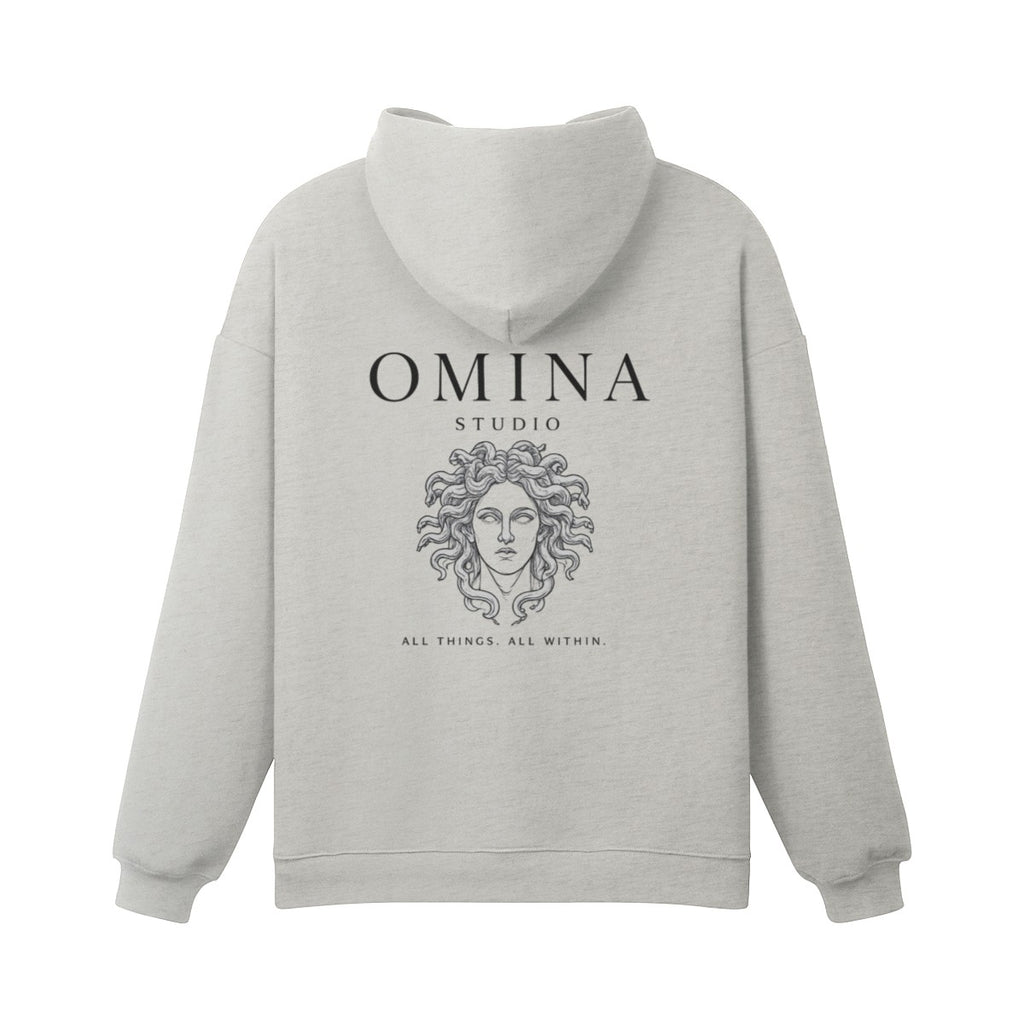 Omina Studio light grey heavyweight cotton hoodie with Medusa graphic and "All Things, All Within" text.
