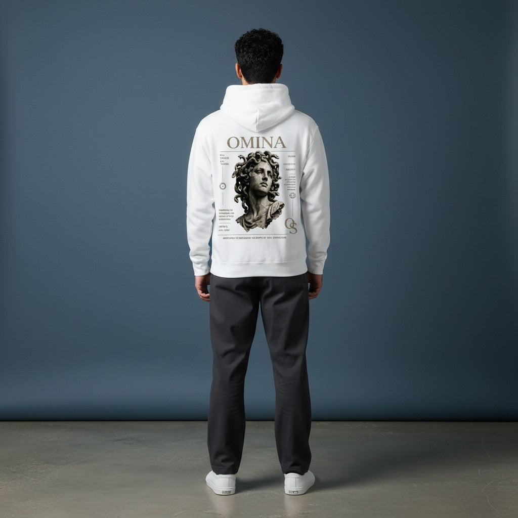 Omina Studio white cotton-blend hoodie with a large distressed Medusa graphic and text details on the back.