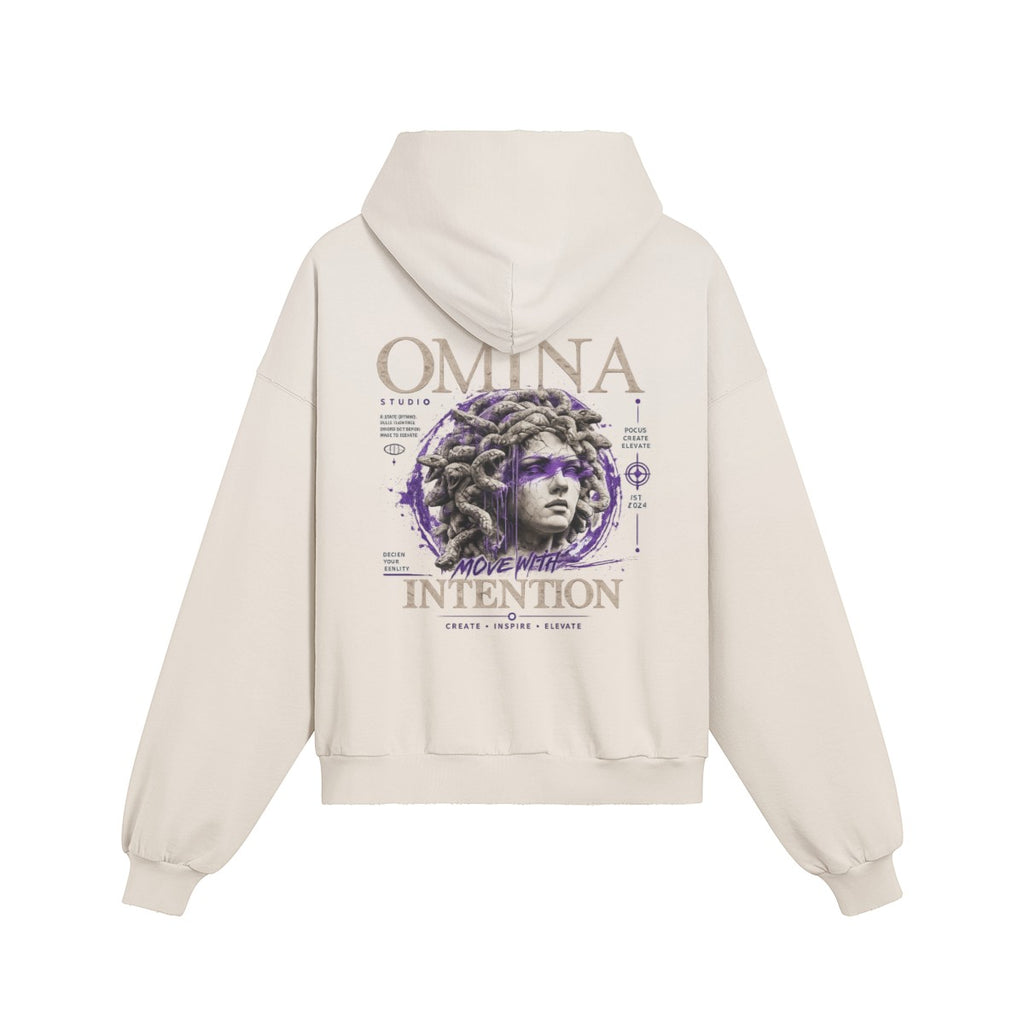 OMINA Studio heavyweight cream cotton hoodie with a graphic of Medusa and the text "Move With Intention" on the back.