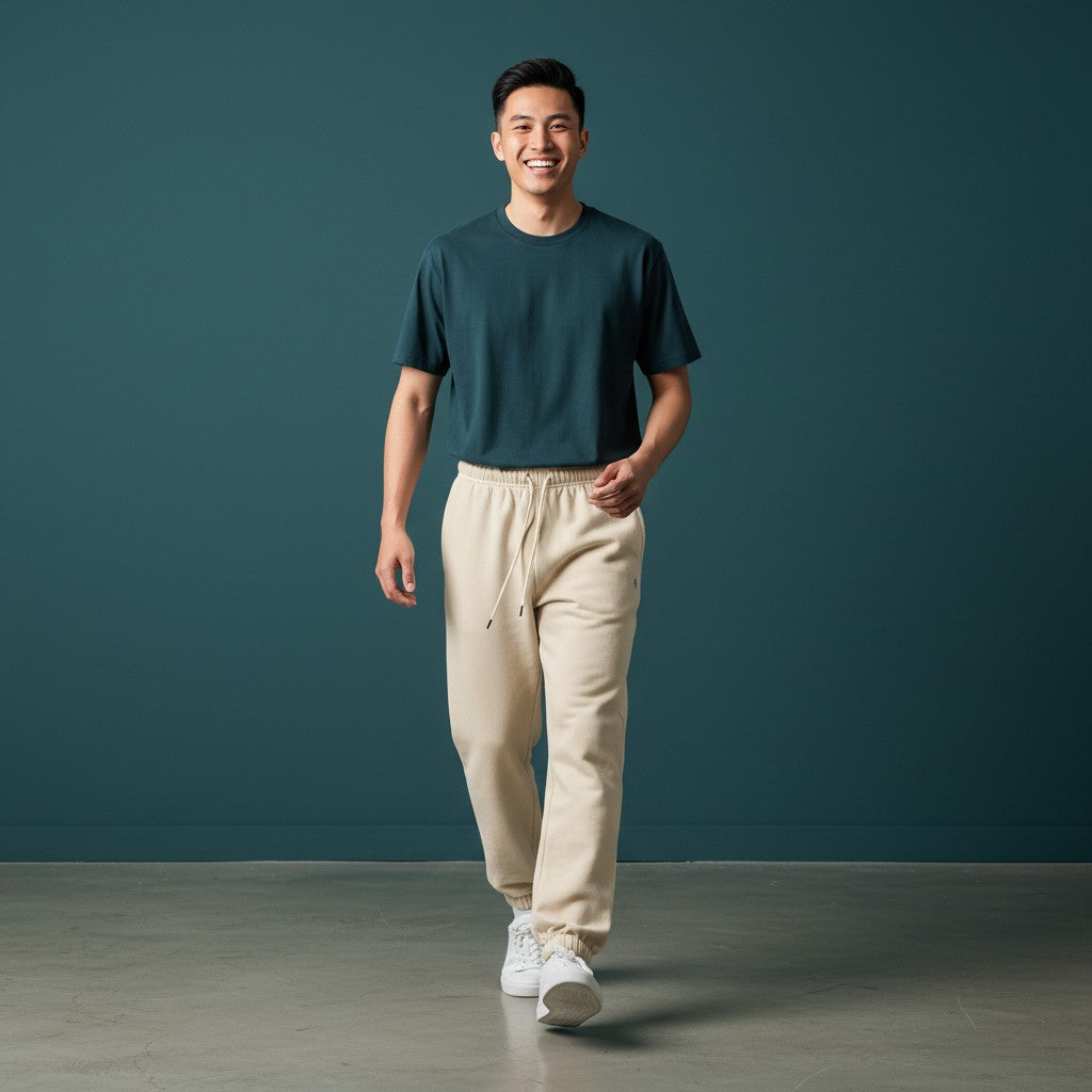 Omina Studio cream 100% combed cotton minimalist sweatpants with tapered fit, elastic waistband, drawstring, and cuffed ankles.