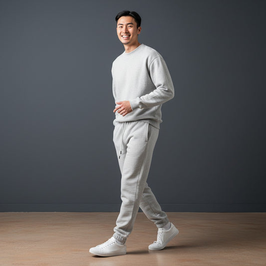 Omina Studio light grey 100% combed cotton sweatpants with tapered fit, elastic waistband, drawstring, and cuffed ankles.