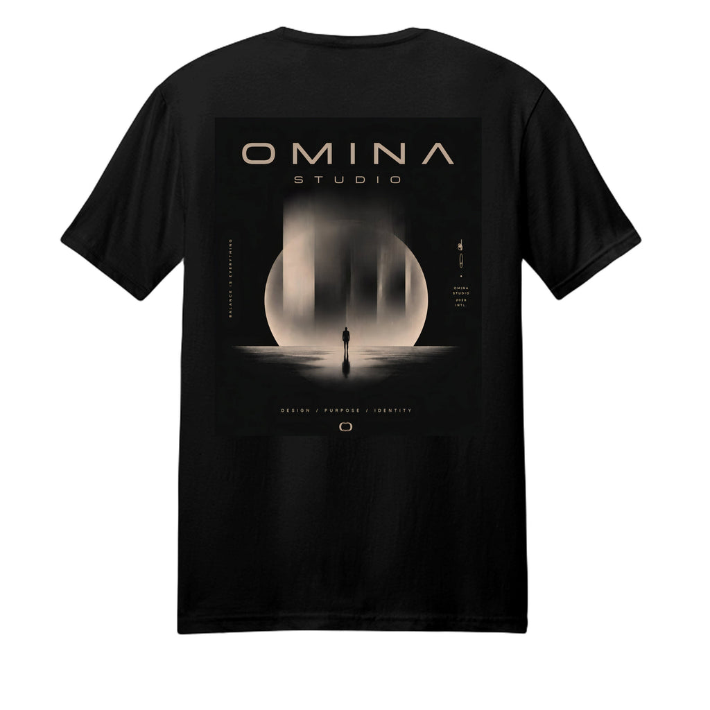 Omina Studio black heavyweight cotton t-shirt with a graphic print of a person standing before a large moon and abstract pillars.