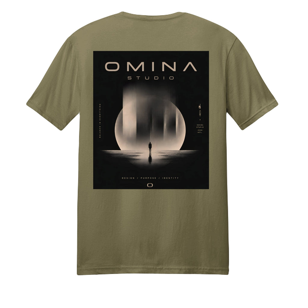 Omina Studio olive green heavyweight cotton t-shirt with a graphic print of a person standing in front of a large moon-like circle with abstract vertical elements.
