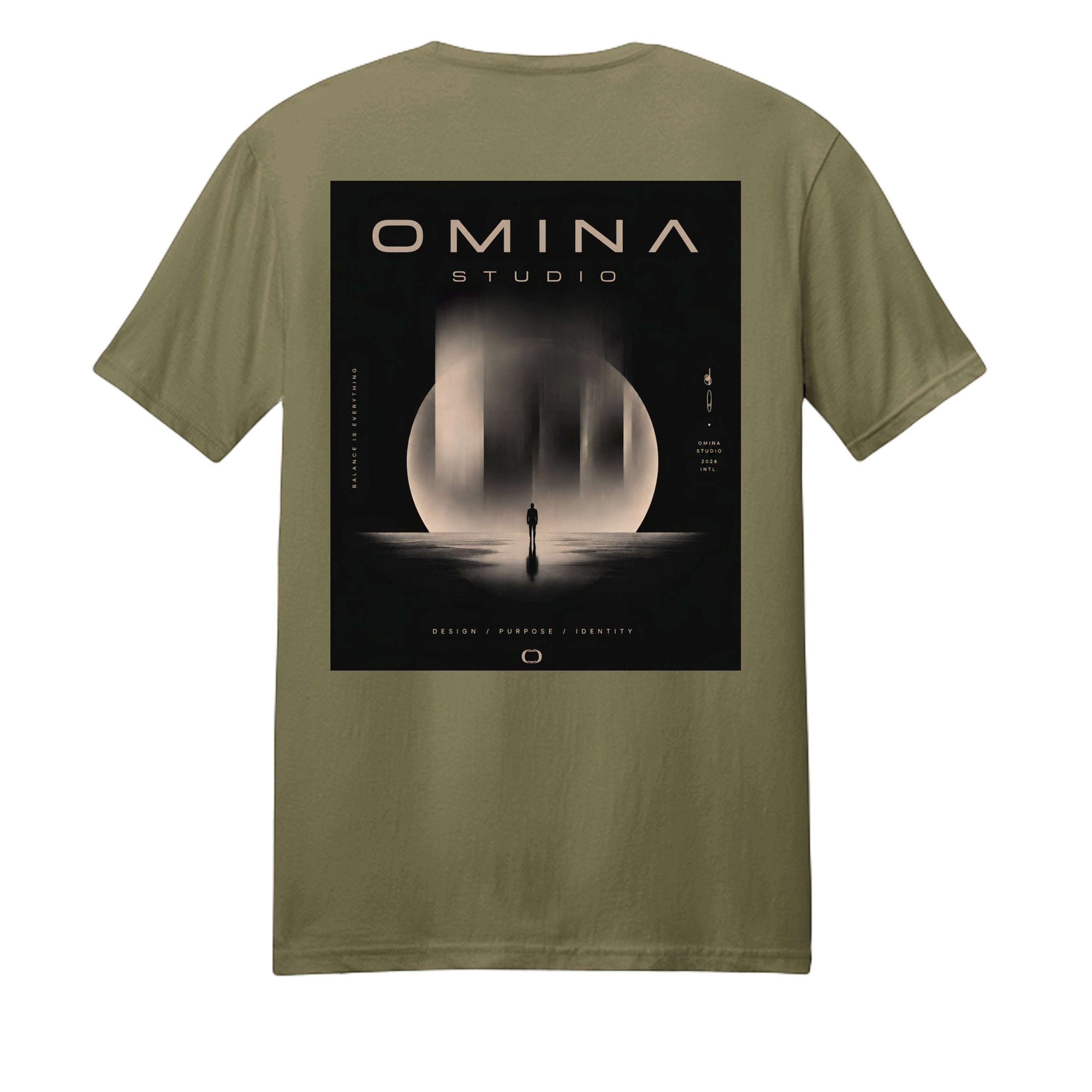Omina Studio olive green heavyweight cotton t-shirt with a graphic print of a person standing in front of a large moon-like circle with abstract vertical elements.
