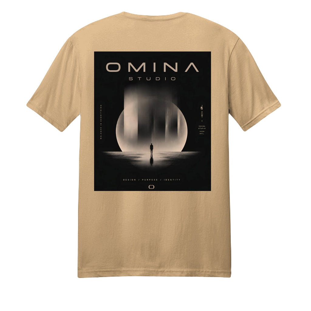 Omina Studio tan heavyweight cotton t-shirt with a graphic print of a silhouette standing before a large moon.