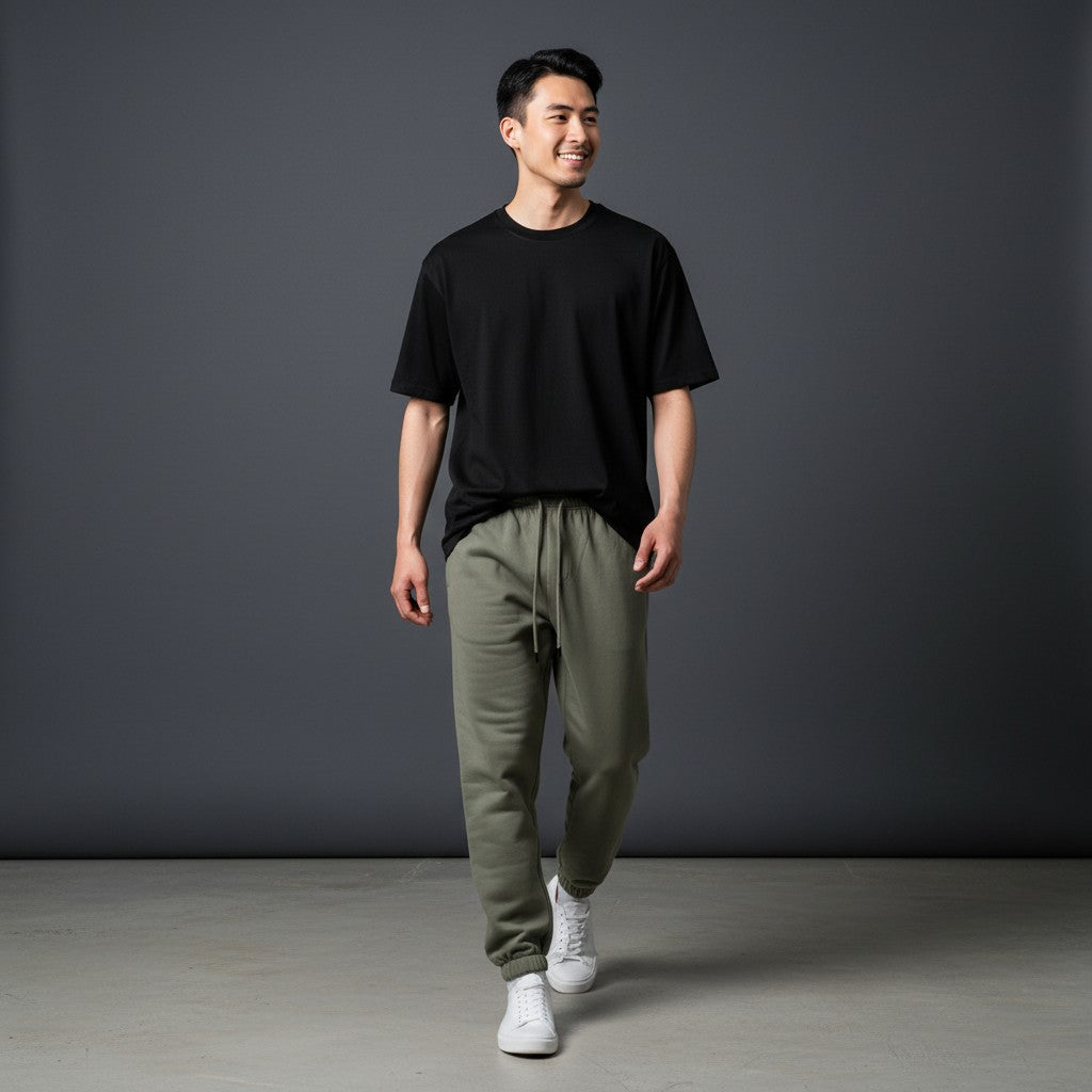 Omina Studio olive green cotton sweatpants with tapered fit, drawstring, and elastic cuffs.