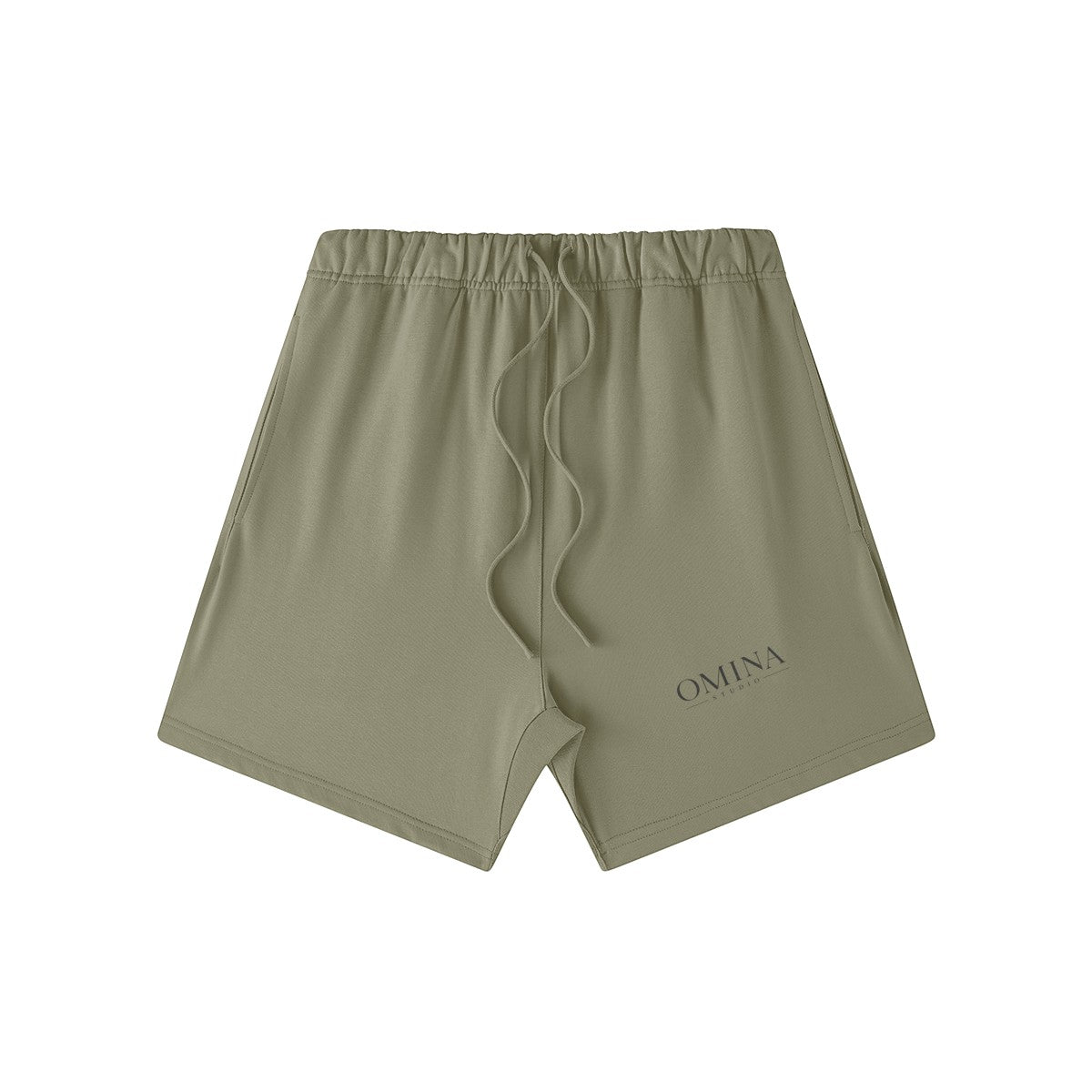 Omina Studio olive green heavyweight French terry shorts with drawstring and subtle logo detail.