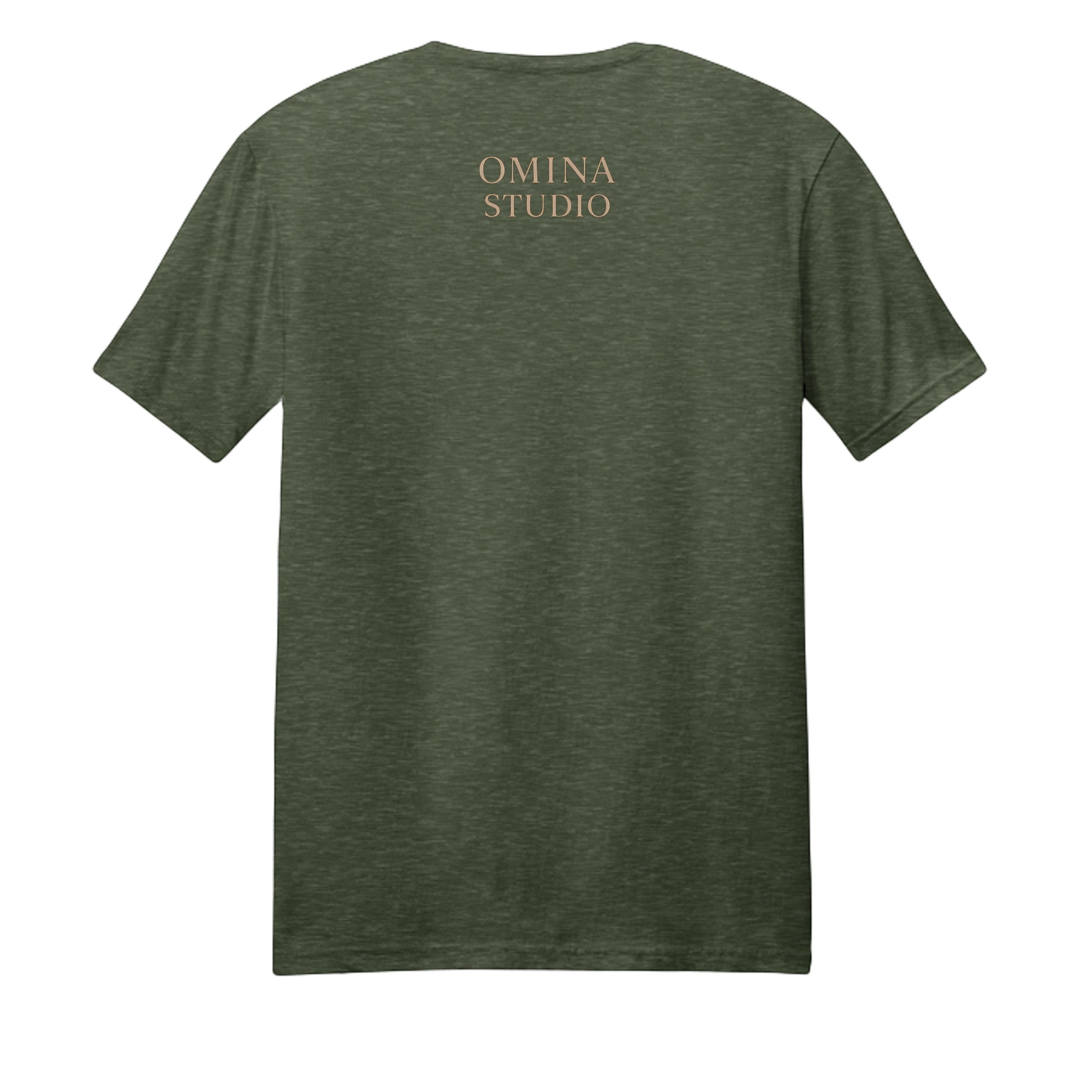 Omina Studio olive green cotton t-shirt with a subtle heathered texture and a small logo on the back.