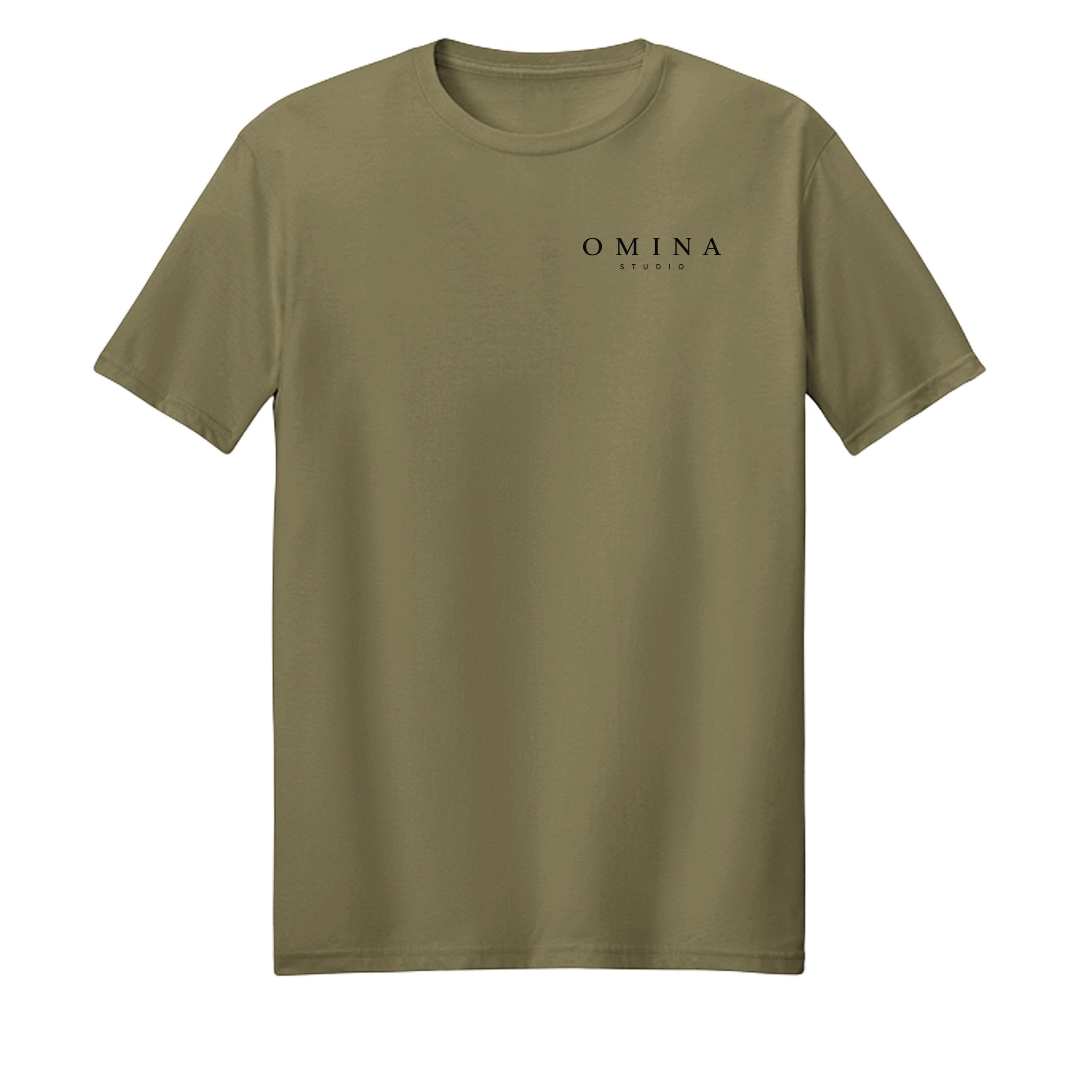 OMINA Studio olive green heavyweight cotton t-shirt with subtle graphic logo on chest. Relaxed fit.