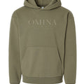 Omina Studio olive green cotton blend hoodie with subtle OMINA FORM IDENTITY graphic on chest.