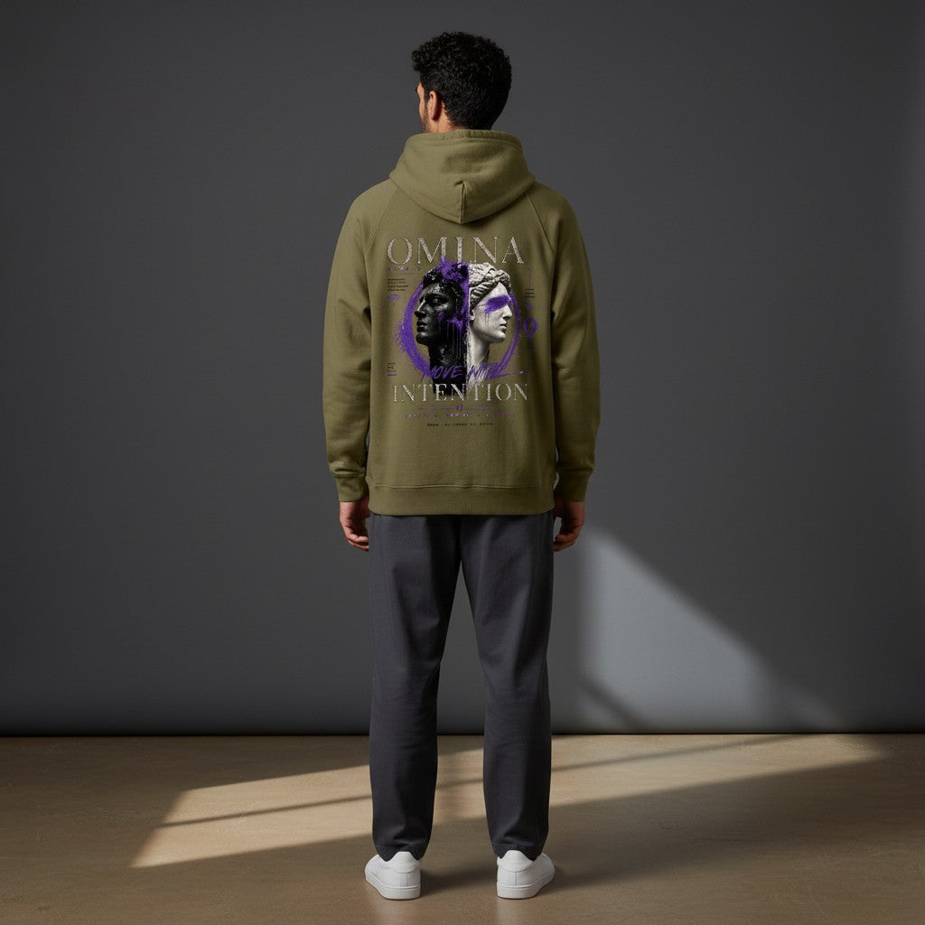 Omina Studio olive green zip-up hoodie with a graphic print of split classical busts and text.