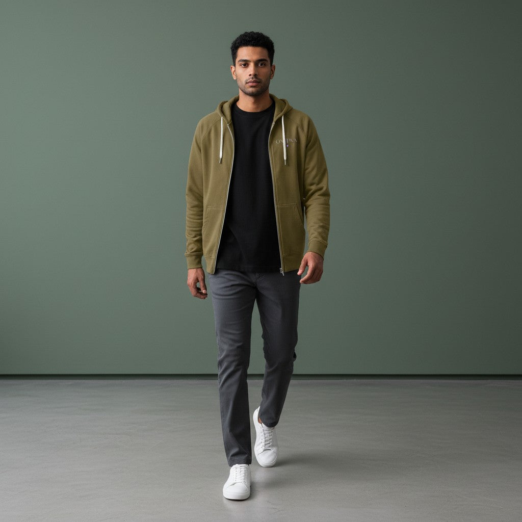Omina Studio olive green lightweight loopback terry zip-up hoodie with white drawstrings and subtle front logo.