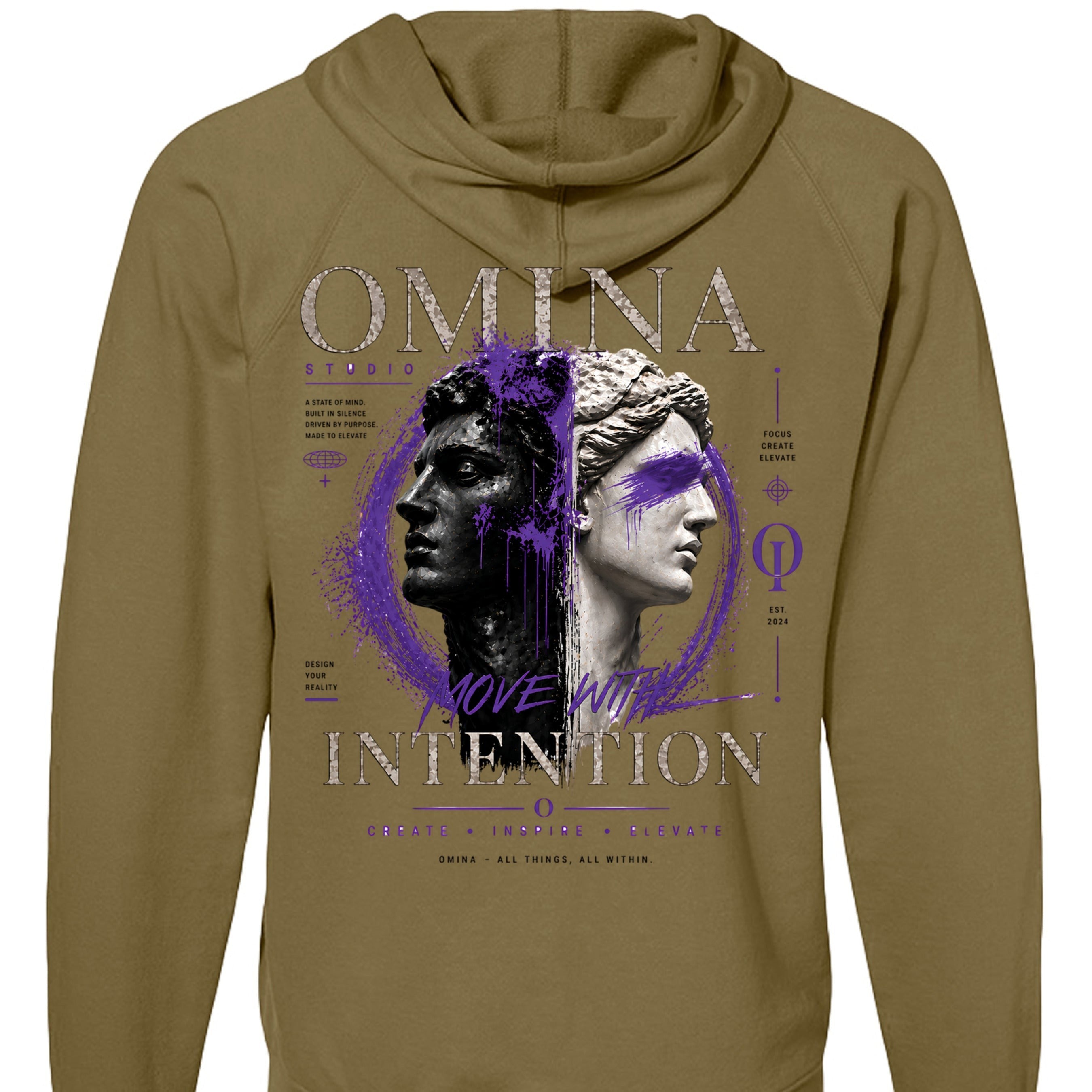 Omina Studio olive green zip-up hoodie with a graphic print of split classical busts and text.