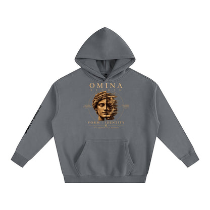 Omina Studio charcoal grey oversized fleeced hoodie with a graphic print of a split face and text.